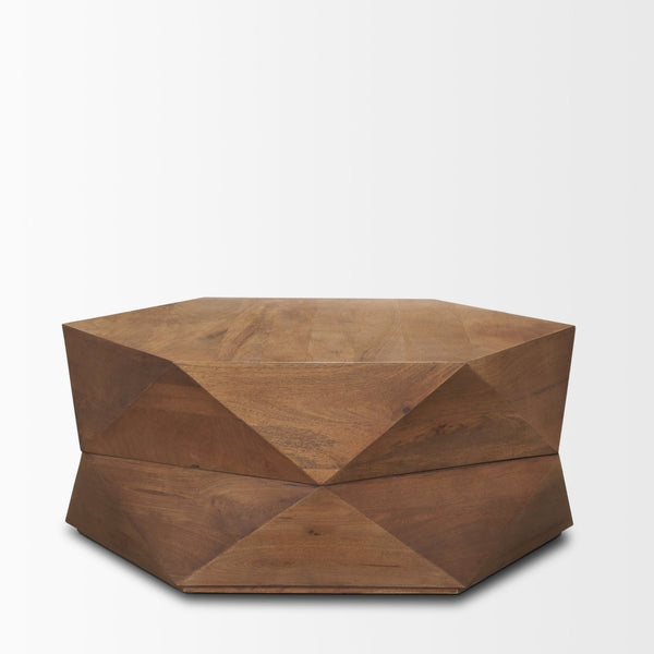 Mercana Arreto Hexagonal Solid Mango Wood Coffee Table with Hidden Storage and Modern Sculptural Design 70566