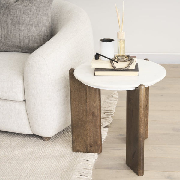 Mercana Rumer Elegant Round Side Table with Unique Marble Top and Sleek Mango Wood Legs for Modern Decor 70562