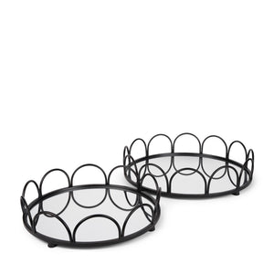 Mercana Lenore Elegant Round Mirrored Tray Set of 2 - Scalloped Design for Chic Tabletop Decor & Organization Black Metals 70550