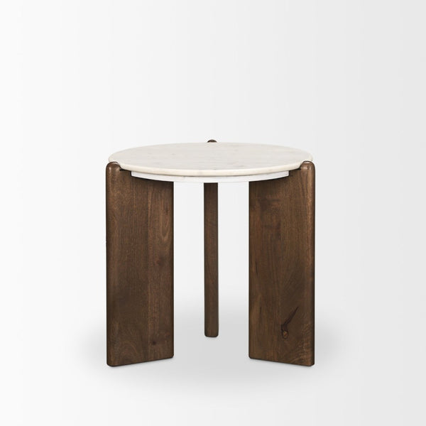 Mercana Rumer Elegant Round Side Table with Unique Marble Top and Sleek Mango Wood Legs for Modern Decor 70562