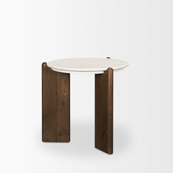 Mercana Rumer Elegant Round Side Table with Unique Marble Top and Sleek Mango Wood Legs for Modern Decor 70562