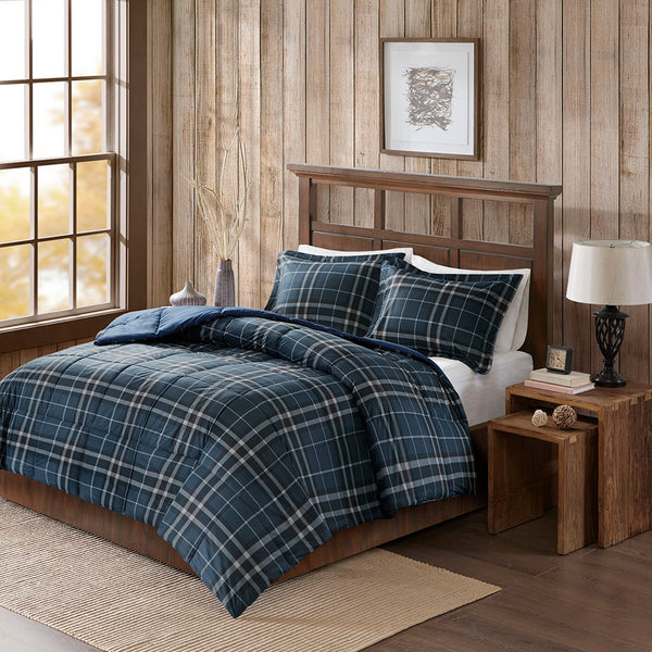 JLA Home Woolrich - CozySpun Navy Plaid Down Alternative Comforter Mini Set — Hypoallergenic, OEKO-TEX, Flannel Soft Warmth WR10-2482