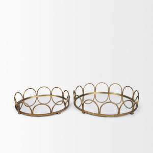 Mercana Lenore Elegant Round Mirrored Tray Set of 2 - Scalloped Design for Chic Tabletop Decor & Organization Gold Metal 70549