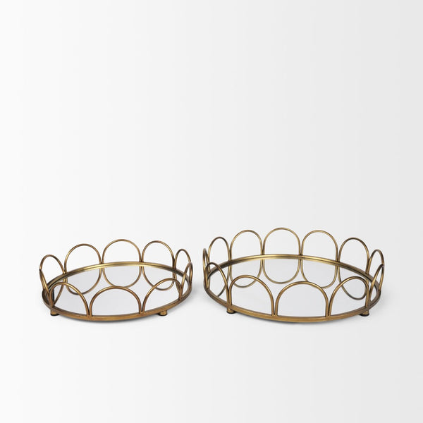 Mercana Lenore Elegant Round Mirrored Tray Set of 2 - Scalloped Design for Chic Tabletop Decor & Organization Gold Metal 70549