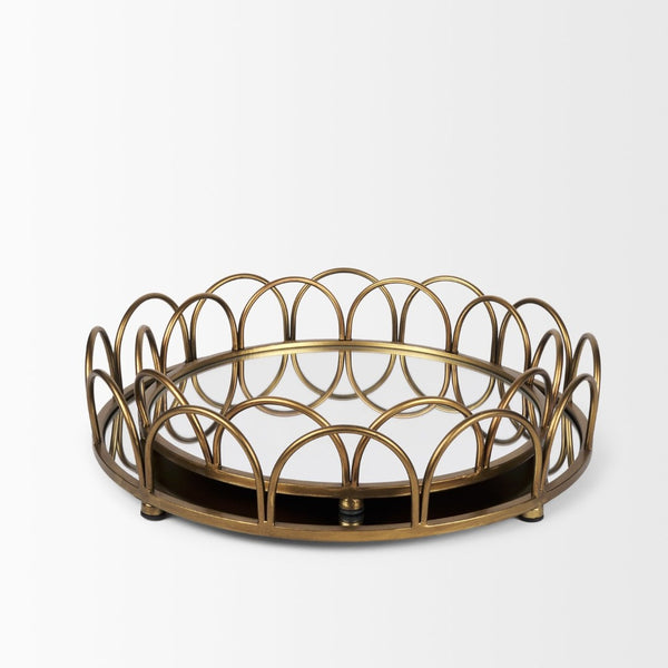 Mercana Lenore Elegant Round Mirrored Tray Set of 2 - Scalloped Design for Chic Tabletop Decor & Organization Gold Metal 70549