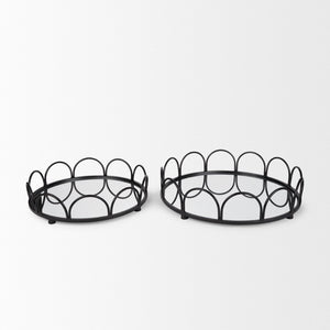 Mercana Lenore Elegant Round Mirrored Tray Set of 2 - Scalloped Design for Chic Tabletop Decor & Organization Black Metals 70550