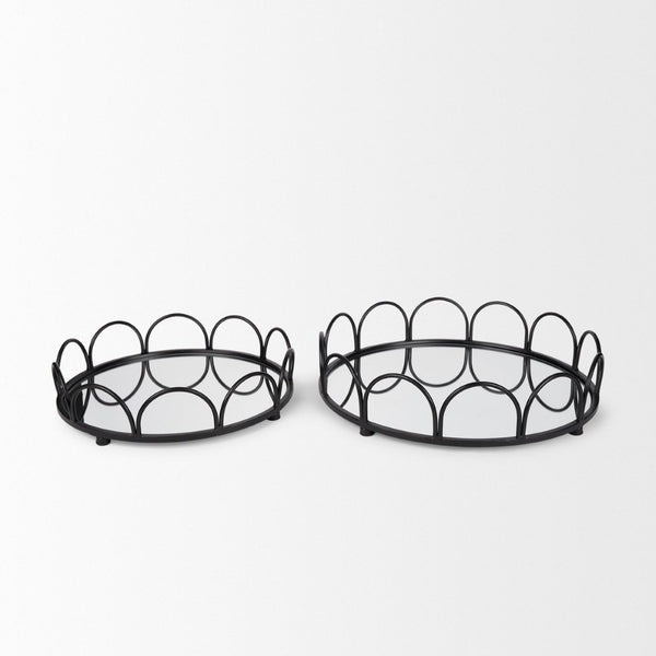 Mercana Lenore Elegant Round Mirrored Tray Set of 2 - Scalloped Design for Chic Tabletop Decor & Organization Black Metals 70550