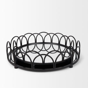 Mercana Lenore Elegant Round Mirrored Tray Set of 2 - Scalloped Design for Chic Tabletop Decor & Organization Black Metals 70550