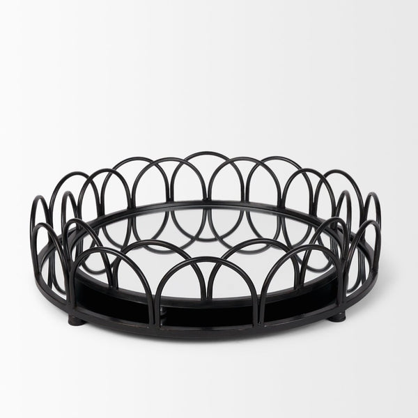 Mercana Lenore Elegant Round Mirrored Tray Set of 2 - Scalloped Design for Chic Tabletop Decor & Organization Black Metals 70550