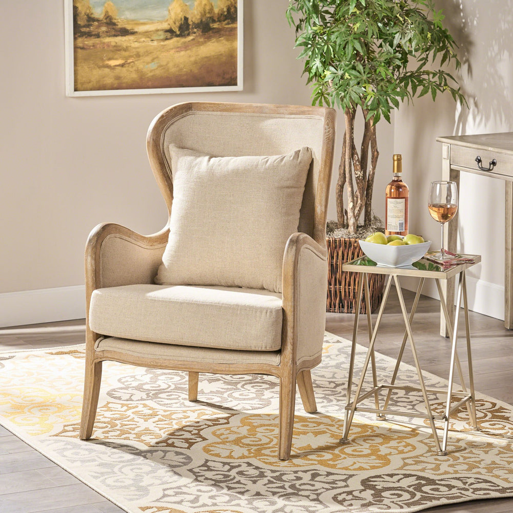 English Elm Christopher Knight Home® - CRENSHAW Beige Fabric Wing Chair with Oak Frame — High-Back Cozy Armchair for Living Room Comfort 56614.00