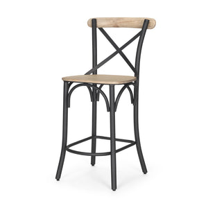 Mercana Etienne 26.25" Rustic Farmhouse Stool with Sturdy Iron Base for Stylish Kitchen and Bar Spaces Light Brown 70589