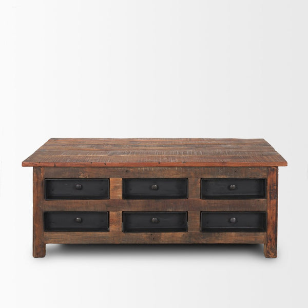 Mercana Wilton Rustic Coffee Table with 12 Unique Storage Drawers for Industrial and Farmhouse Decor 70496