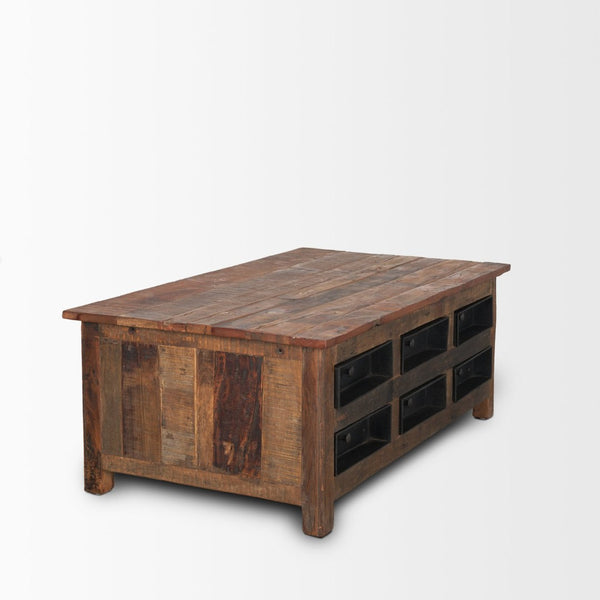Mercana Wilton Rustic Coffee Table with 12 Unique Storage Drawers for Industrial and Farmhouse Decor 70496