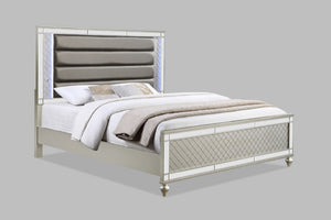 English Elm Modern Upholstered Headboard Queen Bed with Button Tufting, Glass Inlay & LED Lighting, Faux Leather Finish Elegance Champagne 66 L x 47 W x 7 H B011S01218