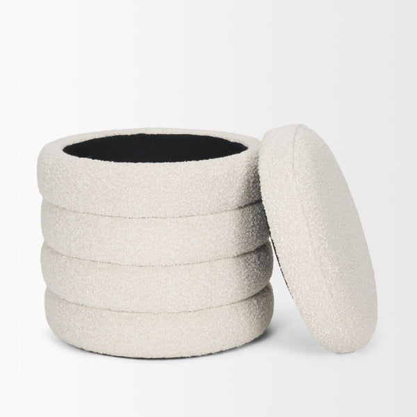Mercana Elise Round Upholstered Storage Ottoman - Chic Seating Solution for Stylish Living Spaces, 20" High Cream Boucle 70409