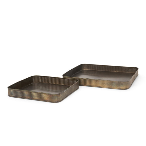 Mercana Varun Handcrafted Antiqued Brass Metal Tray Set of 2 - Vintage Charm for Serving and Organizing Gold Metal | Square 70516