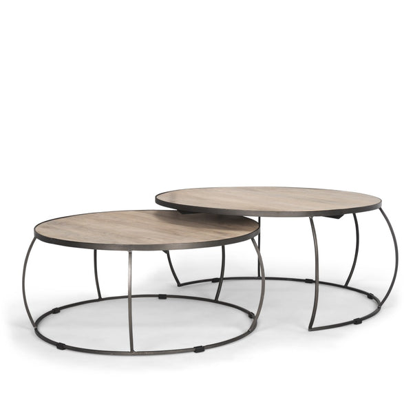 Mercana Clapp Round Nesting Coffee Tables with Solid Mango Wood Tops & Black Iron Base for Modern Spaces White Wash | Silver Metal 70594