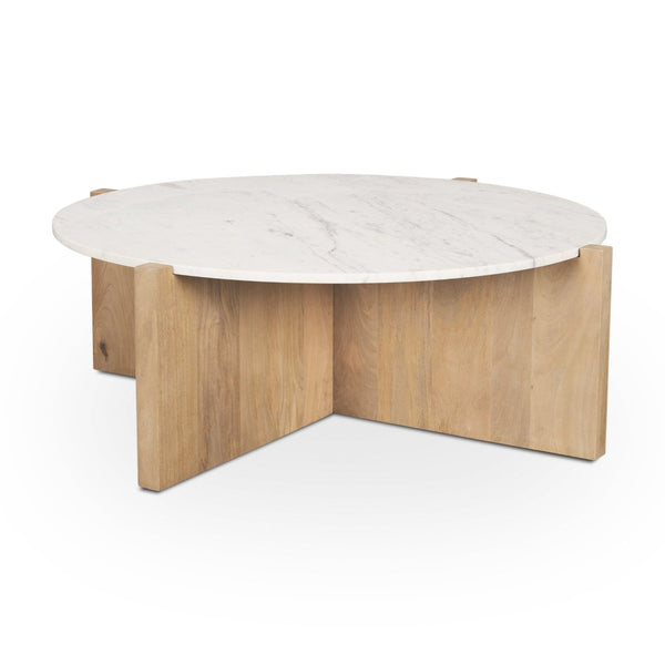 Mercana Bianca Round Marble Top Coffee Table - Elegant Banswara Design with Solid Wood Base for Living Spaces Light Brown | Marble 70647-AB