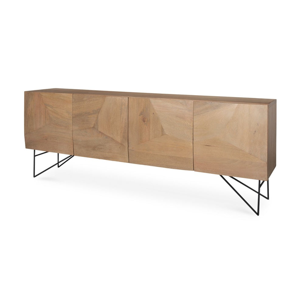 Mercana Darwin Sideboard: Elegant Solid Wood Cabinet with Geometric Doors for Stylish Storage Solutions Light Brown Wood | Black Metal 70683