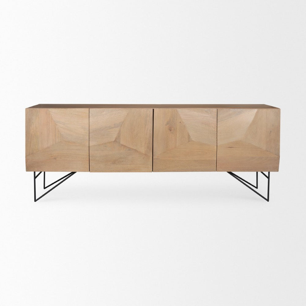 Mercana Darwin Sideboard: Elegant Solid Wood Cabinet with Geometric Doors for Stylish Storage Solutions Light Brown Wood | Black Metal 70683