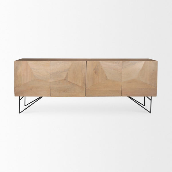 Mercana Darwin Sideboard: Elegant Solid Wood Cabinet with Geometric Doors for Stylish Storage Solutions Light Brown Wood | Black Metal 70683