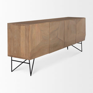 Mercana Darwin Sideboard: Elegant Solid Wood Cabinet with Geometric Doors for Stylish Storage Solutions Light Brown Wood | Black Metal 70683