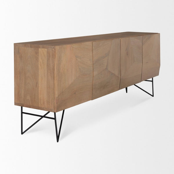 Mercana Darwin Sideboard: Elegant Solid Wood Cabinet with Geometric Doors for Stylish Storage Solutions Light Brown Wood | Black Metal 70683