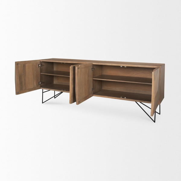 Mercana Darwin Sideboard: Elegant Solid Wood Cabinet with Geometric Doors for Stylish Storage Solutions Light Brown Wood | Black Metal 70683