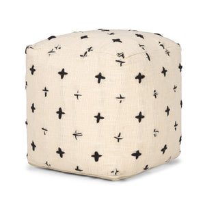 Saanvi Wool with Cream and Black Stitched Cross Patterned Pouf 70759 Mercana