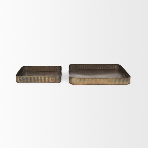 Mercana Varun Handcrafted Antiqued Brass Metal Tray Set of 2 - Vintage Charm for Serving and Organizing Gold Metal | Square 70516