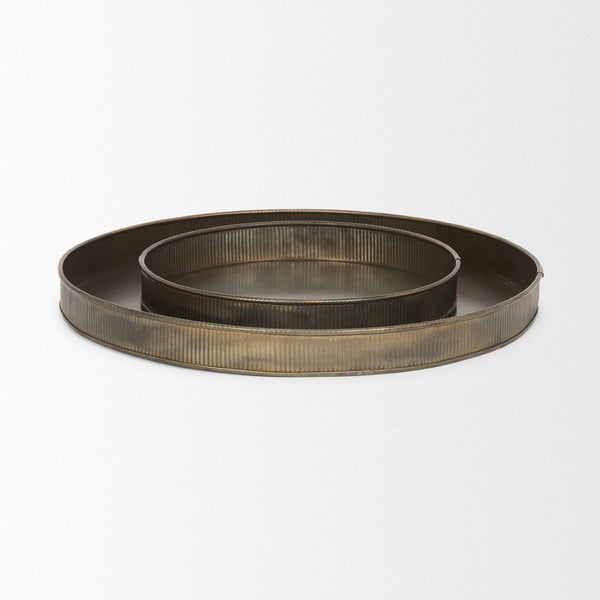 Mercana Varun Handcrafted Antiqued Brass Metal Tray Set of 2 - Vintage Charm for Serving and Organizing Gold Metal | Round 70517
