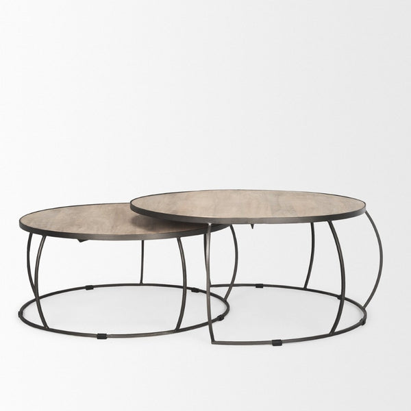 Mercana Clapp Round Nesting Coffee Tables with Solid Mango Wood Tops & Black Iron Base for Modern Spaces White Wash | Silver Metal 70594