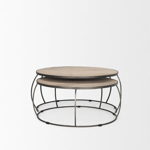 Mercana Clapp Round Nesting Coffee Tables with Solid Mango Wood Tops & Black Iron Base for Modern Spaces White Wash | Silver Metal 70594