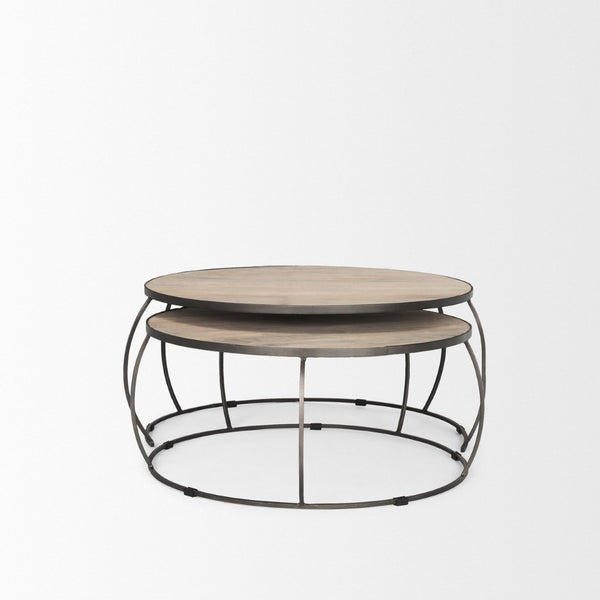 Mercana Clapp Round Nesting Coffee Tables with Solid Mango Wood Tops & Black Iron Base for Modern Spaces White Wash | Silver Metal 70594