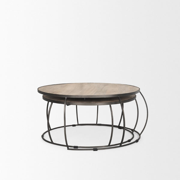 Mercana Clapp Round Nesting Coffee Tables with Solid Mango Wood Tops & Black Iron Base for Modern Spaces White Wash | Silver Metal 70594