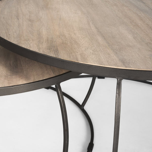 Mercana Clapp Round Nesting Coffee Tables with Solid Mango Wood Tops & Black Iron Base for Modern Spaces White Wash | Silver Metal 70594