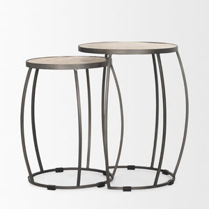 Mercana Clapp Nesting Accent Tables Set of 2 - Modern Round Design with Mango Wood Top and Metal Frame White Wash | Silver Metal 70595
