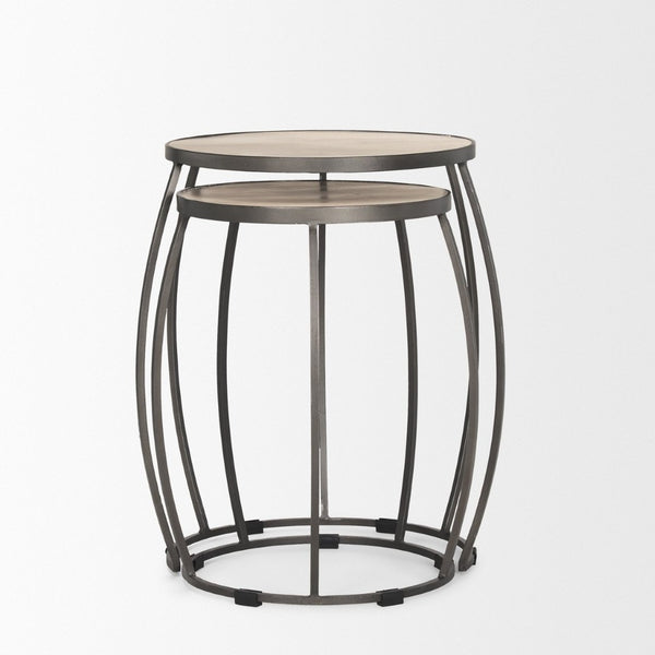 Mercana Clapp Nesting Accent Tables Set of 2 - Modern Round Design with Mango Wood Top and Metal Frame White Wash | Silver Metal 70595