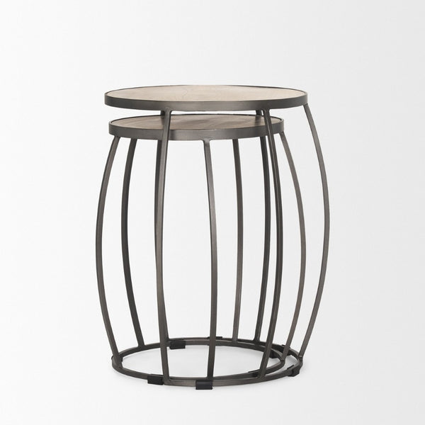 Mercana Clapp Nesting Accent Tables Set of 2 - Modern Round Design with Mango Wood Top and Metal Frame White Wash | Silver Metal 70595