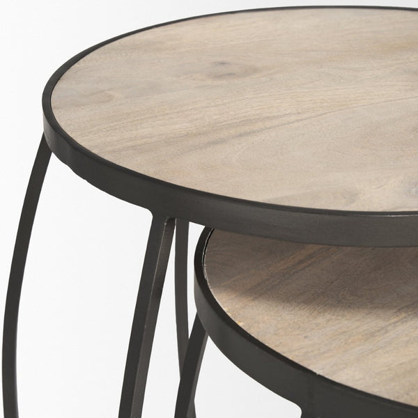 Mercana Clapp Nesting Accent Tables Set of 2 - Modern Round Design with Mango Wood Top and Metal Frame White Wash | Silver Metal 70595