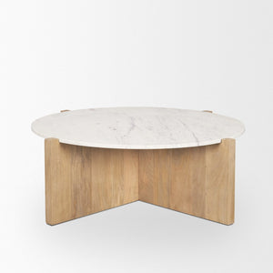 Mercana Bianca Round Marble Top Coffee Table - Elegant Banswara Design with Solid Wood Base for Living Spaces Light Brown | Marble 70647-AB