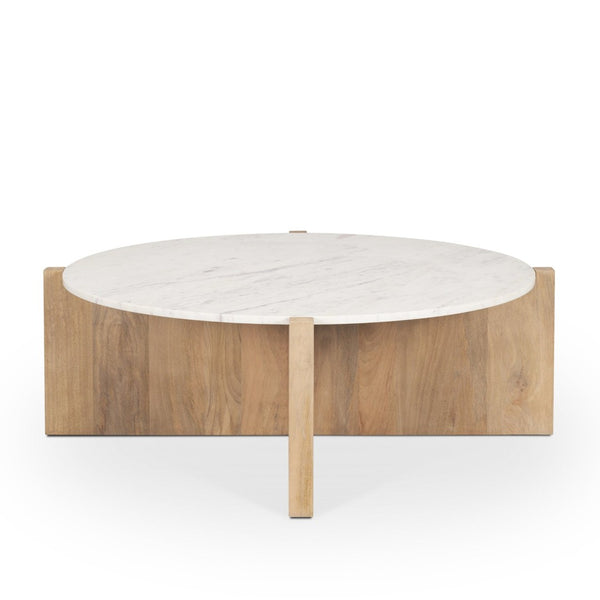 Mercana Bianca Round Marble Top Coffee Table - Elegant Banswara Design with Solid Wood Base for Living Spaces Light Brown | Marble 70647-AB