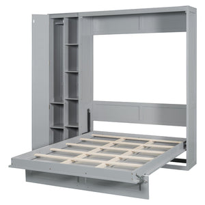 English Elm Full Size Murphy Bed with Open Shelving Wardrobe and Led Lighting for Studio Spaces Gray LP000898AAE