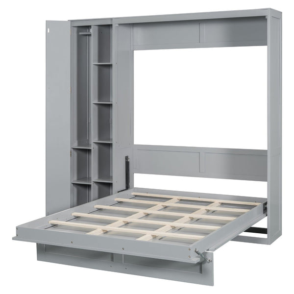 English Elm Full Size Murphy Bed with Open Shelving Wardrobe and Led Lighting for Studio Spaces Gray LP000898AAE