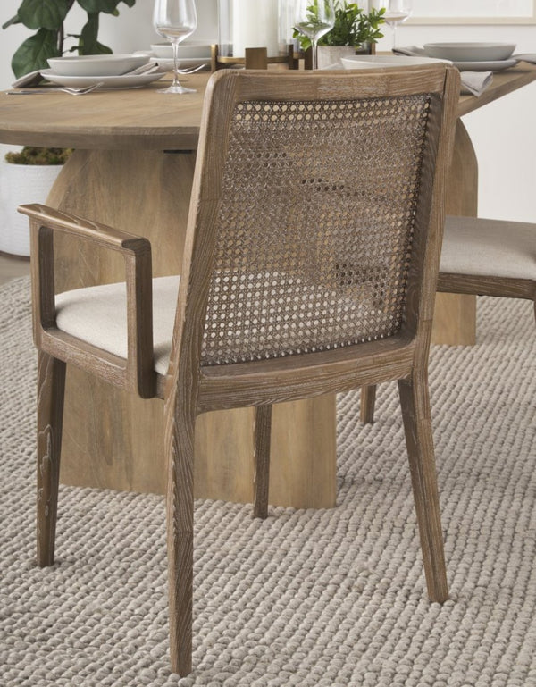 Mercana Clara Armless Dining Chair with Woven Cane Back and Cushioned Seat for Coastal and Boho Spaces Cream Fabric | Brown Wood 69351