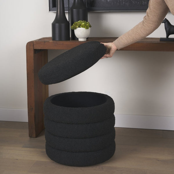 Mercana Elise Round Upholstered Storage Ottoman - Chic Seating Solution for Stylish Living Spaces, 20" High Black Boucle 70410