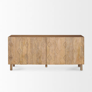 Mercana Heera Sideboard with Artisanal CNC-Carved Diamond Motif for Elegant Storage and Display Solutions Light Brown 70644