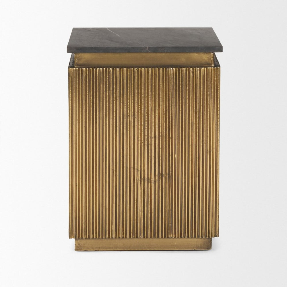 Mercana Satima Elegant Round Accent Table with Antiqued Gold Fluted Base and White Marble Top for Any Space Black Marble | Gold Metal 70778