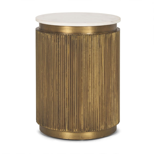 Mercana Satima Elegant Round Accent Table with Antiqued Gold Fluted Base and White Marble Top for Any Space White Marble | Gold Metal 70777