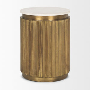 Mercana Satima Elegant Round Accent Table with Antiqued Gold Fluted Base and White Marble Top for Any Space White Marble | Gold Metal 70777